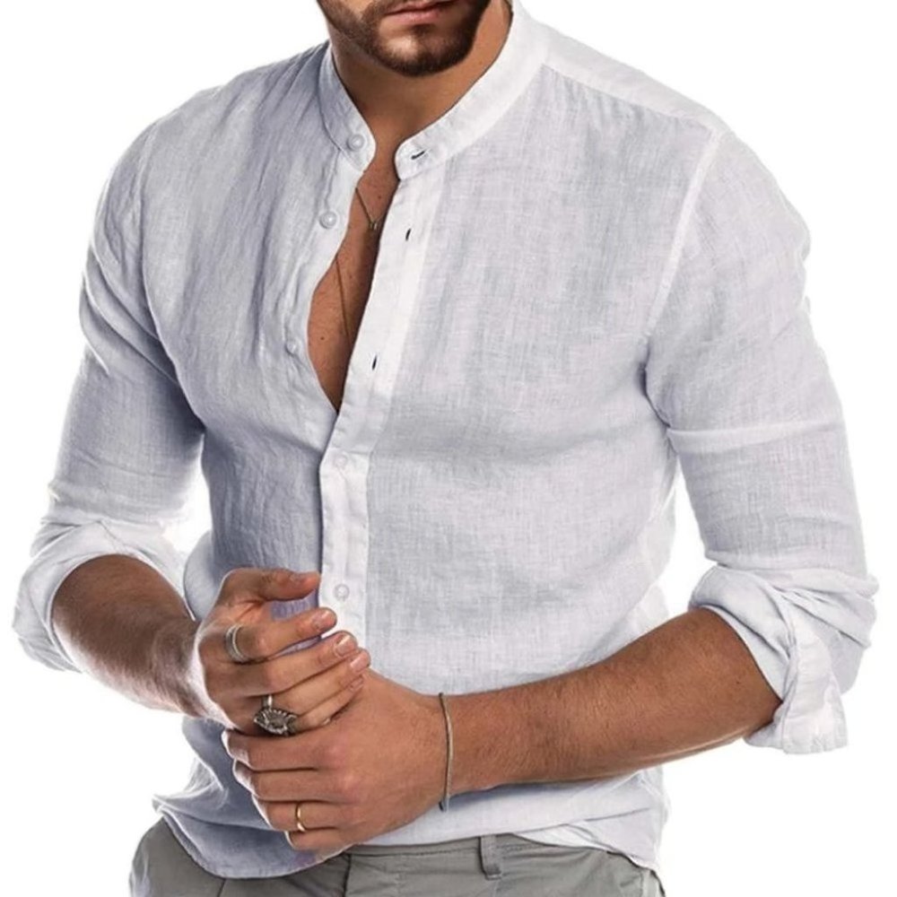 Casual White Men's Button Up Shirt - Picture 3 of 6